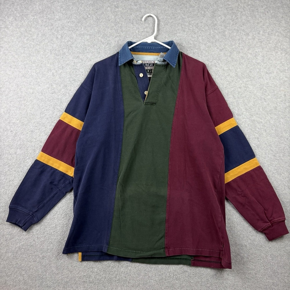 Vintage American Eagle Rugby Shirt Mens Medium Colorblock Denim Collar Polo 90s